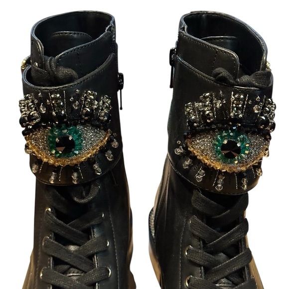 Kurt Geiger Black Leather Sutton Rhinestone Embellished Eye Combat Boot  Size 6 - Picture 4 of 12